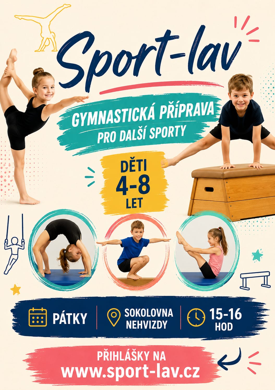 Plakát — Gymnastická průprava pro další sporty, děti 4–8 let, pátky, Sokolovna Nehvizdy 15–16 hod